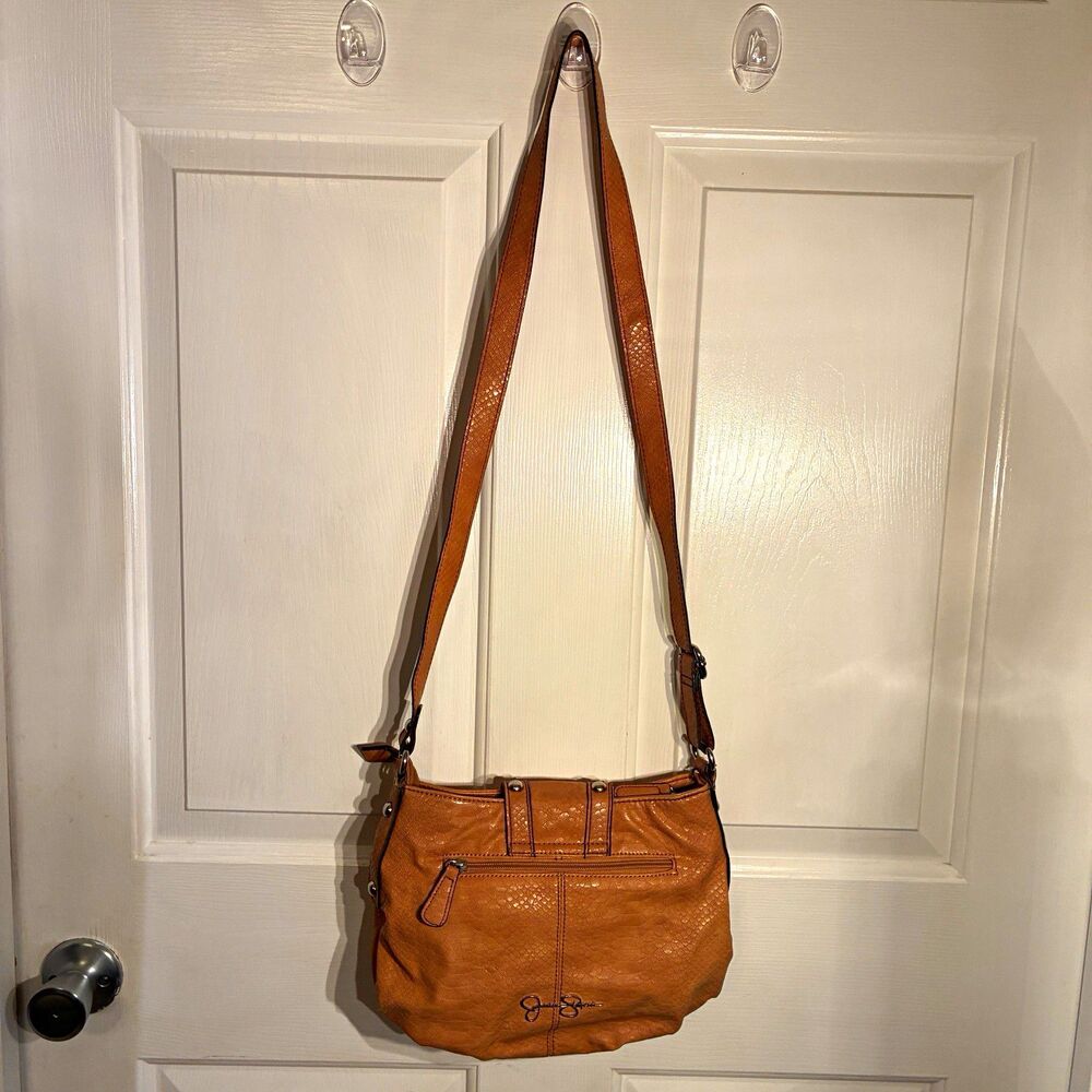 Jessica Simpson Brown Faux Leather Studded Shoulder Bag Zip Pockets Crescent
